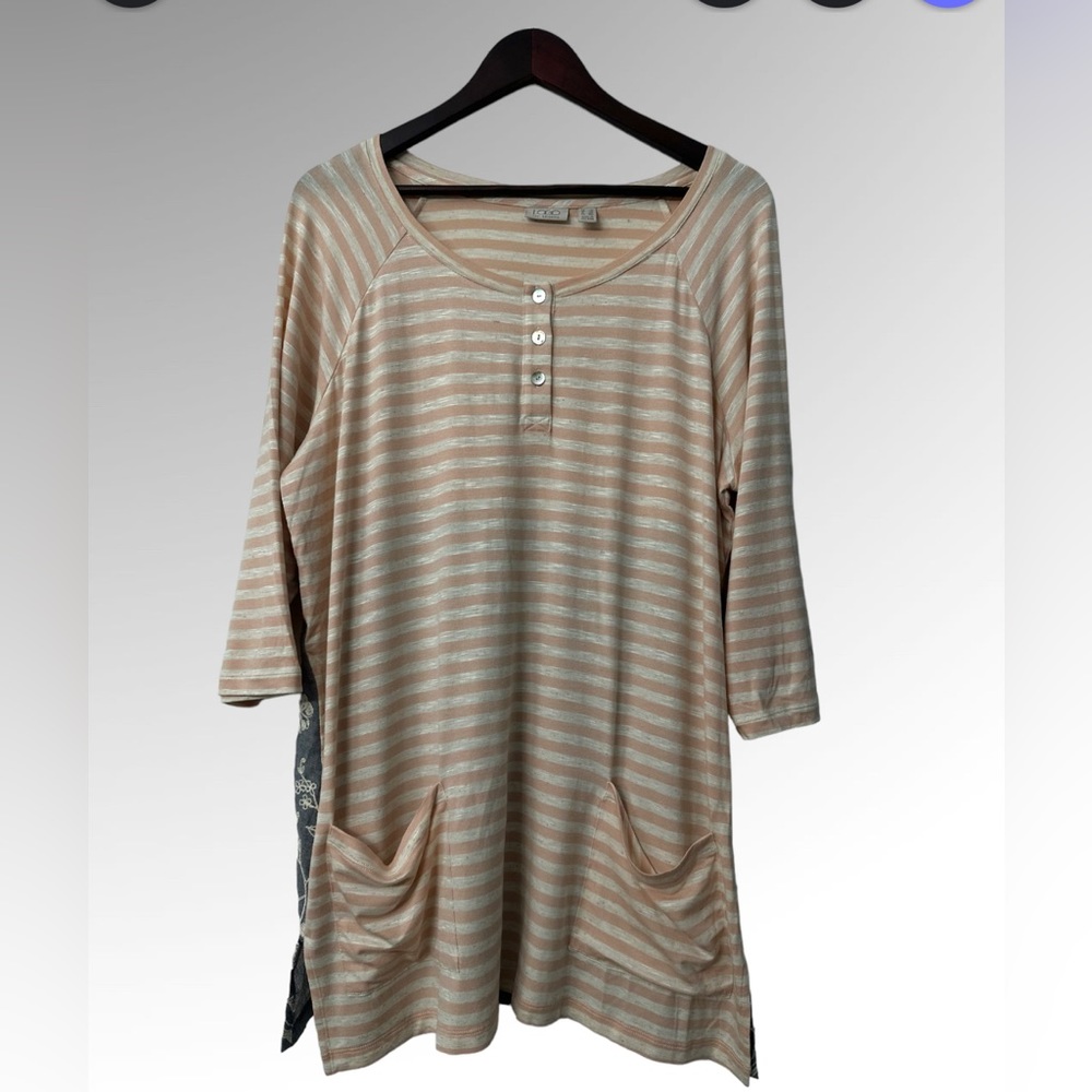 LOGO by Lori Goldstein Pink and White Striped Slub Henley
Top with Embroidery 1X - Picture 4 of 16